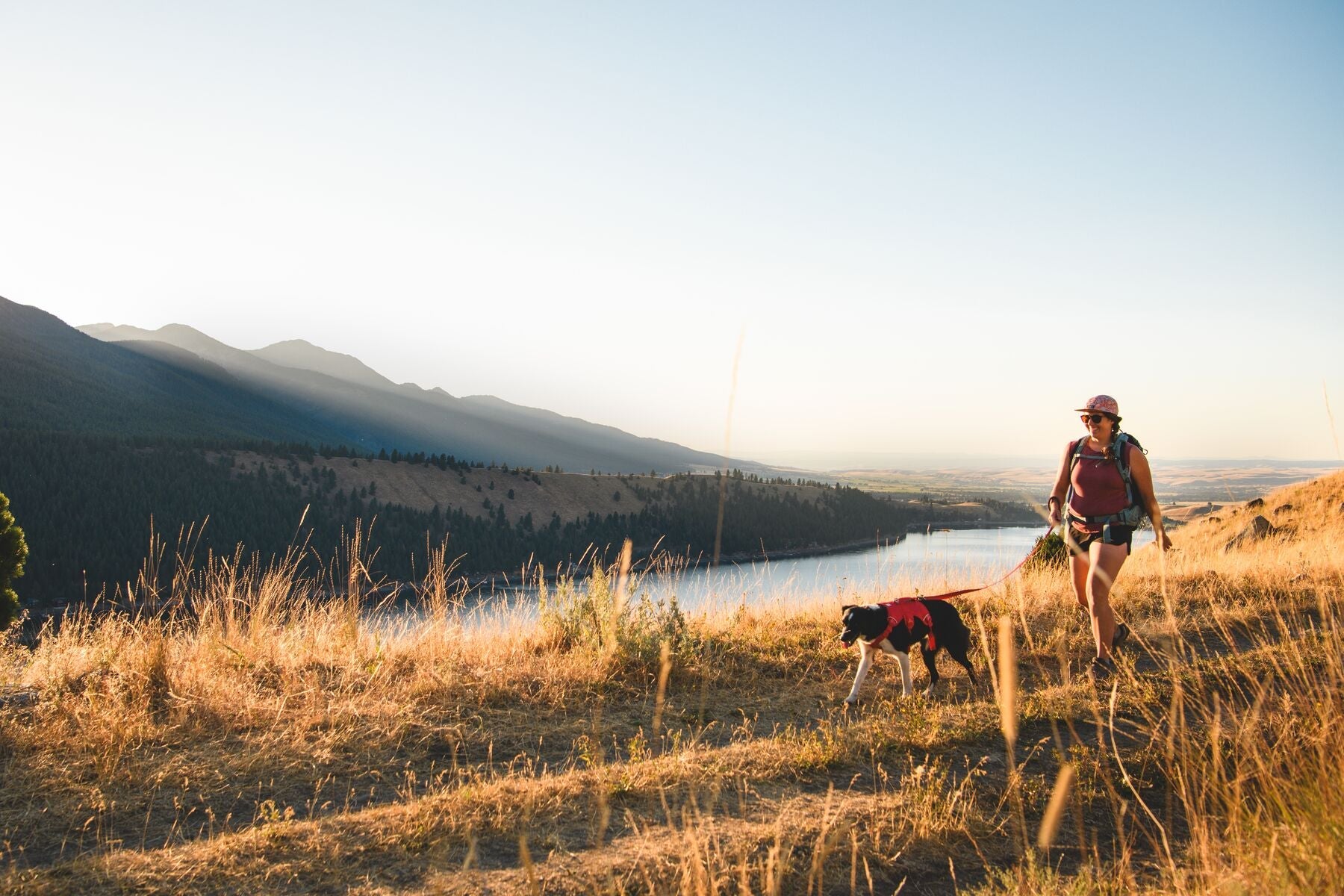 Frau mit Hund bei Wanderung