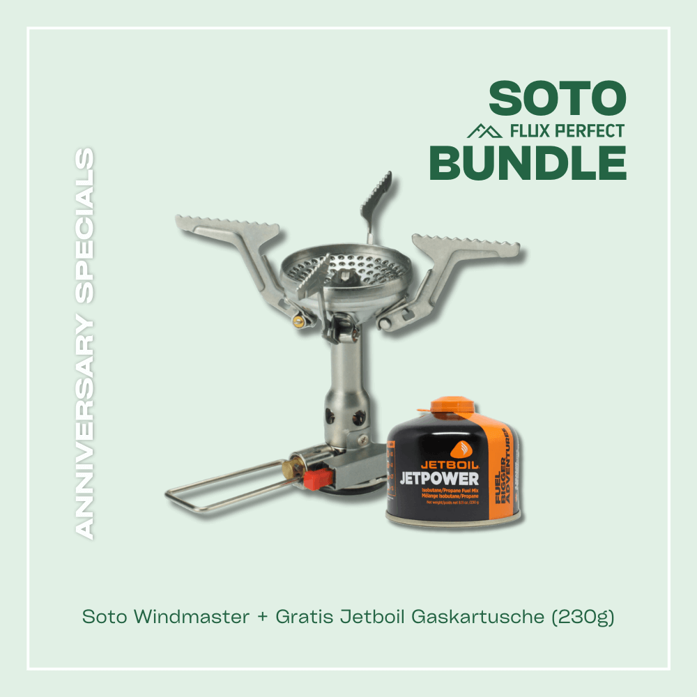 Unser Anniversary Special - Das Soto Bundle, inkludiert ist ein Soto Windmaster und eine Gratis Jetboil JetPower Gaskartusche in der 230g Variante, nur erhältlich im Outdoor Online Shop FluxPerfect