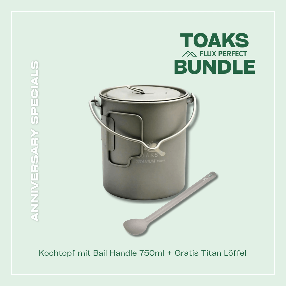 Unser Anniversary Special - Das Toaks Bundle, inkludiert ist ein Toaks Kochtopf in der 750ml Variante und eine Gratis Titan Löffel, nur erhältlich im Outdoor Online Shop FluxPerfect