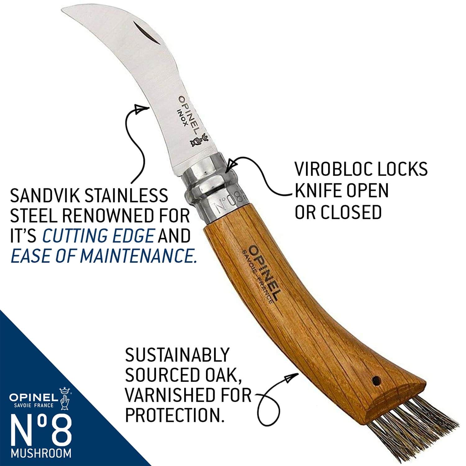 Eine detailierte Visualisierung des Pilzmesser Opinel N°08 mit Hülle